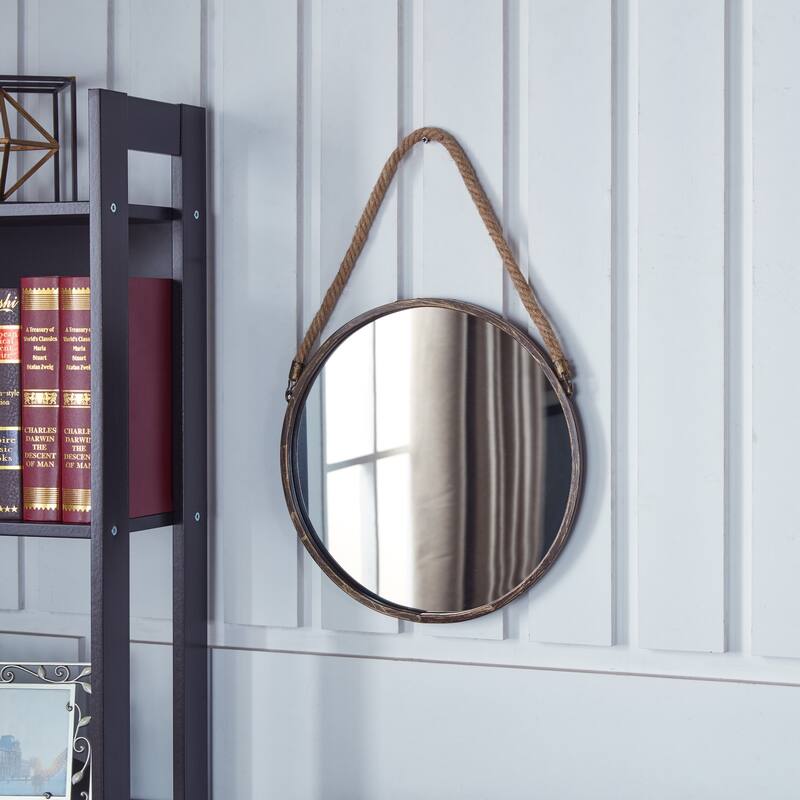 Rustic Style Round Metal Framed Wall Mirror with Rope - 21.25" - Gold