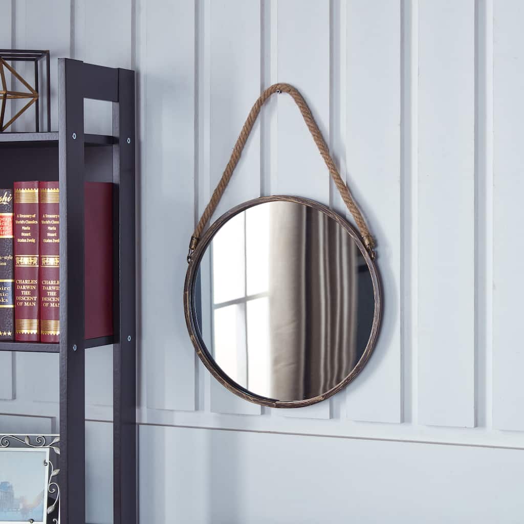 Rustic Style Round Metal Framed Wall Mirror with Rope - 21.25" - Gold