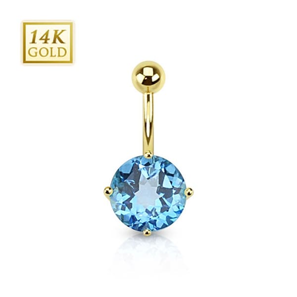 14 Karat Solid Yellow Gold Swiss Blue Topaz Gemstone Round Prong Set Navel Belly Button Ring