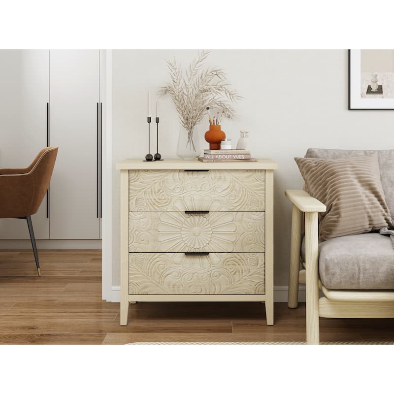 Roomfitters 3 Drawer Dresser Storage Cabinet, Carved Wood Chest of Drawers, Natural - Natural