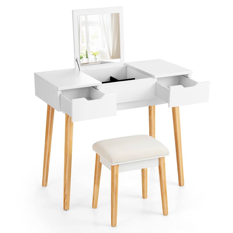 Costway Vanity Table Set w/ Flip Top Mirror Drawers 9 Dividers Makeup