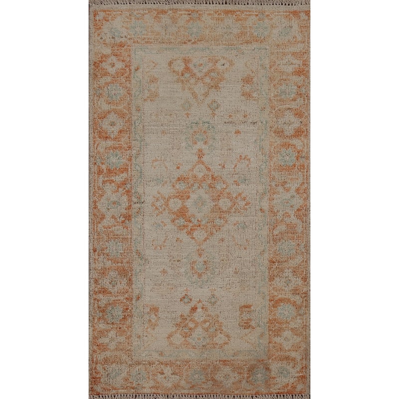 Geometric Oushak Turkish Oriental Rug Wool Hand-knotted Foyer Carpet - 2'0" x 3'10"