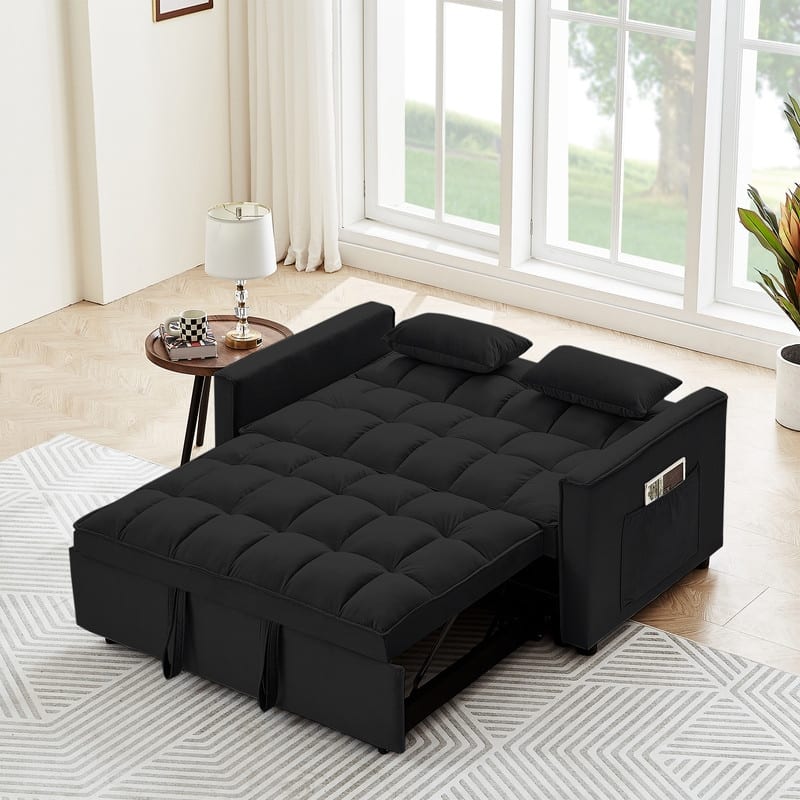 55" Modern Velvet Convertible Sleeper Sofa Bed Couch w/Pull Out Bed,Pillows and Side Pockets