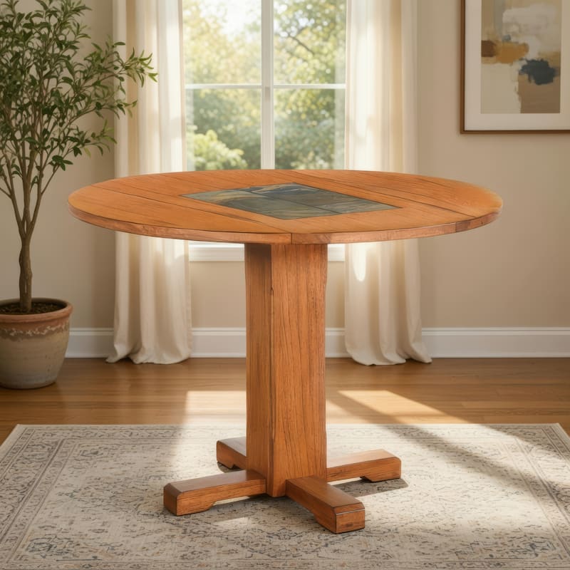 Marv Dining Table w 2 Drop Leaves, 40 Inch Round Top, Brown Wood