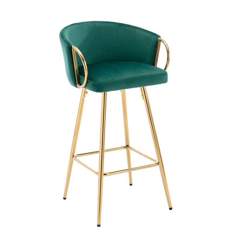 Velvet Bar Stools Set of 2, Counter Height Bar Chairs with Armrests, Kitchen Island Stools with Footrest and Golden Legs