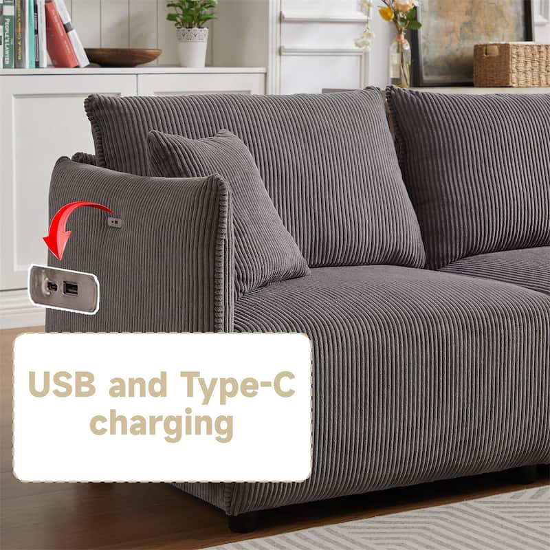 Corduroy Modular Combination Sofa with 2 Cushions and USB Ports