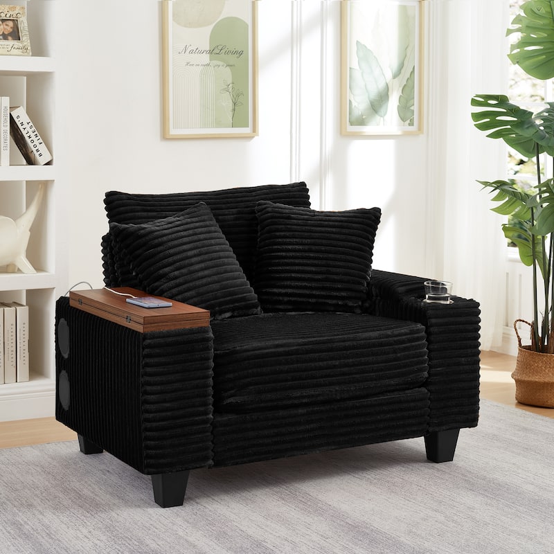 Multifunctional Rotating Table Sofa with Ottoman, Bluetooth Speaker, USB Ports, and Hidden Storage for Small Spaces