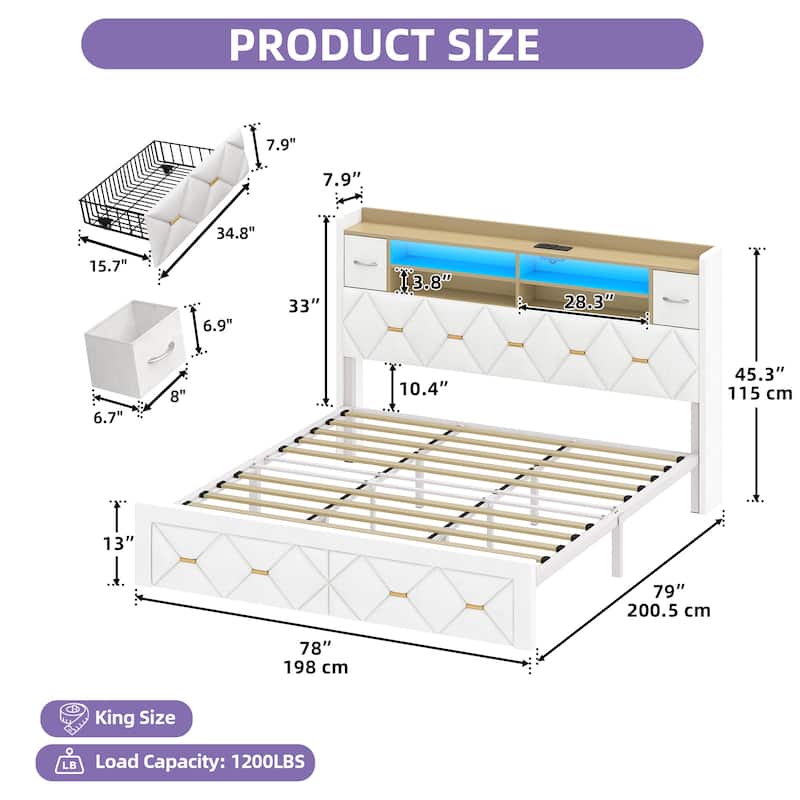 Farmhouse Bed Frame Upholstered Headboard Platform Bed with Charging Station
