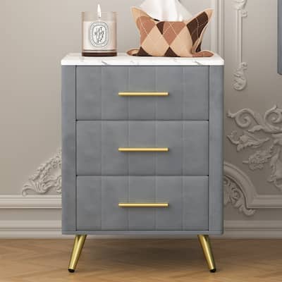 Upholstered Wooden Nightstand with 3 Drawers and Metal Legs&Handles