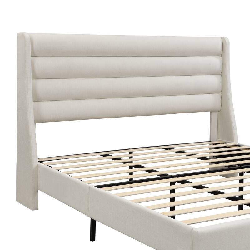Chenille Upholstered Platform Bed Frame with Wingback Headboard