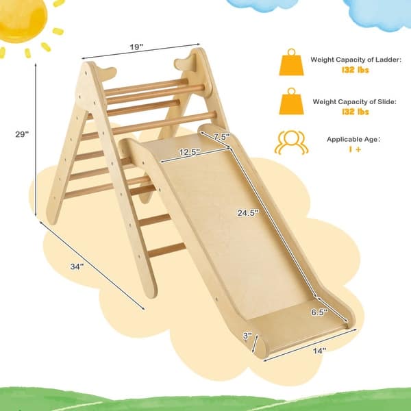 dimension image slide 0 of 2, 2-in-1 Wooden Triangle Climber Set with Gradient Adjustable Slide - 34 x 18.8 x 28.9 inch (L x W x H)