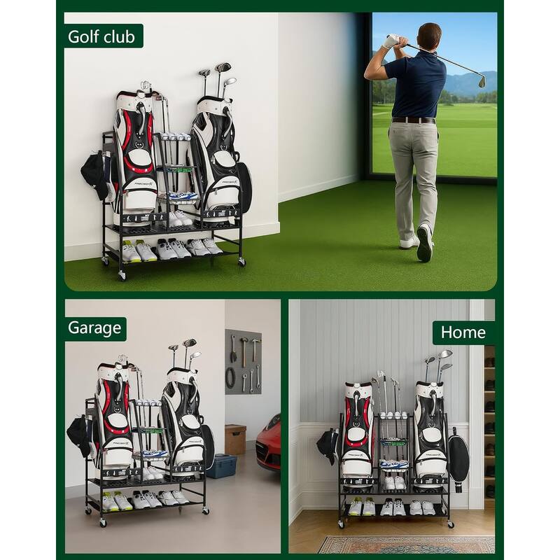 2 Golf Bag Stand Rolling Storage Rack for Clubs Shoes and Accessories