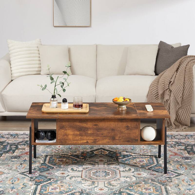 VECELO Modern Lift Top Coffee Table with Hidden Storage 2 Side Shelves Space-Saving Design for Living Room