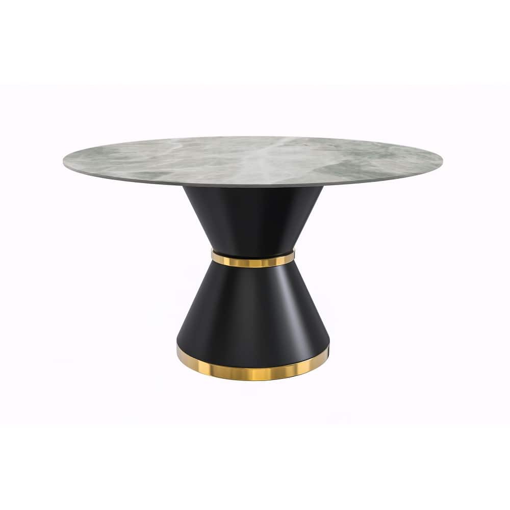 Qorvus Round Glass or Sintered Stone Tabletop Dining Table with Black and Gold Pedestal Base for Kitchens or Dining Rooms