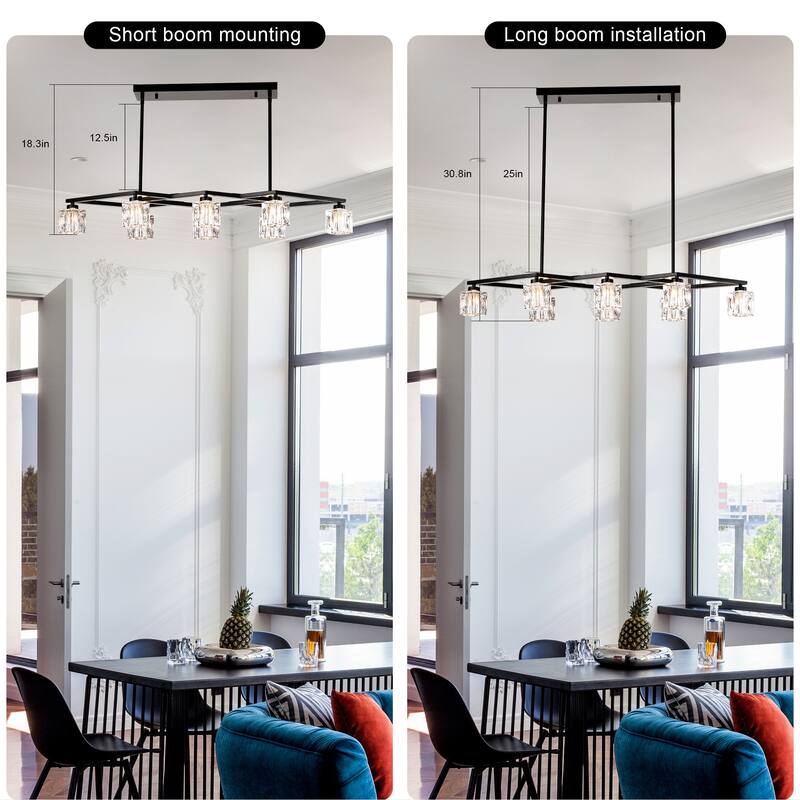 Modern Industrial Style 8-Light Pendant Light, Matte Black Crystal Chandelier, for Dining Room Kitchen and Living Room
