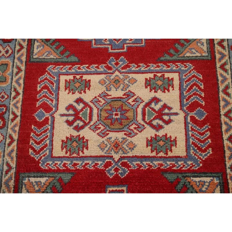 Geometric Red Kazak Accent Rug Handmade Red Wool Carpet - 2'9" x 4'1"