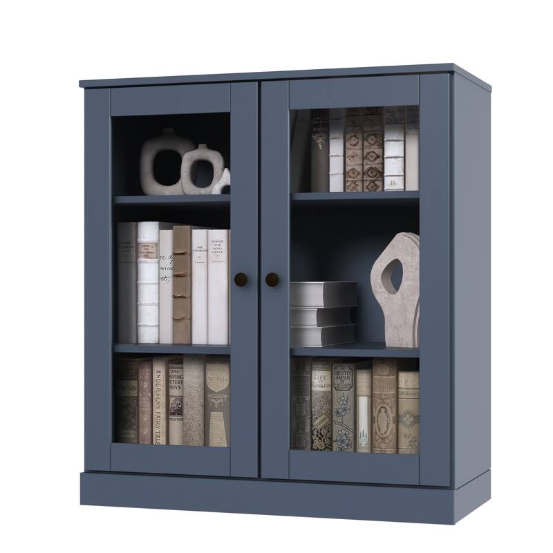 Palace Imports 100% Solid Wood 3-Shelf Bookcase, Clear Glass Doors, Adjustable Shelves, 32" Wide, 35.75" Tall
