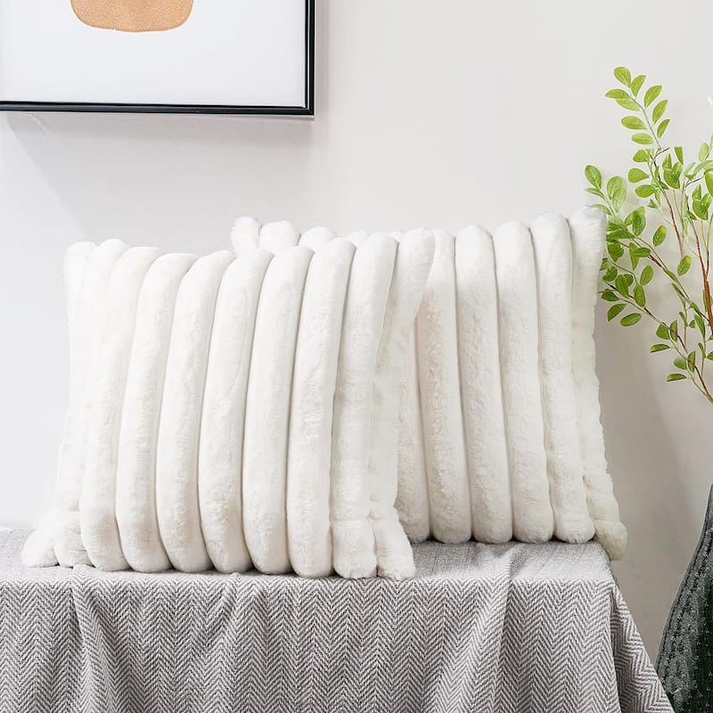 Fuzzy Striped FauxFur Pillow Shell Soft Cushion Covers for Sofa