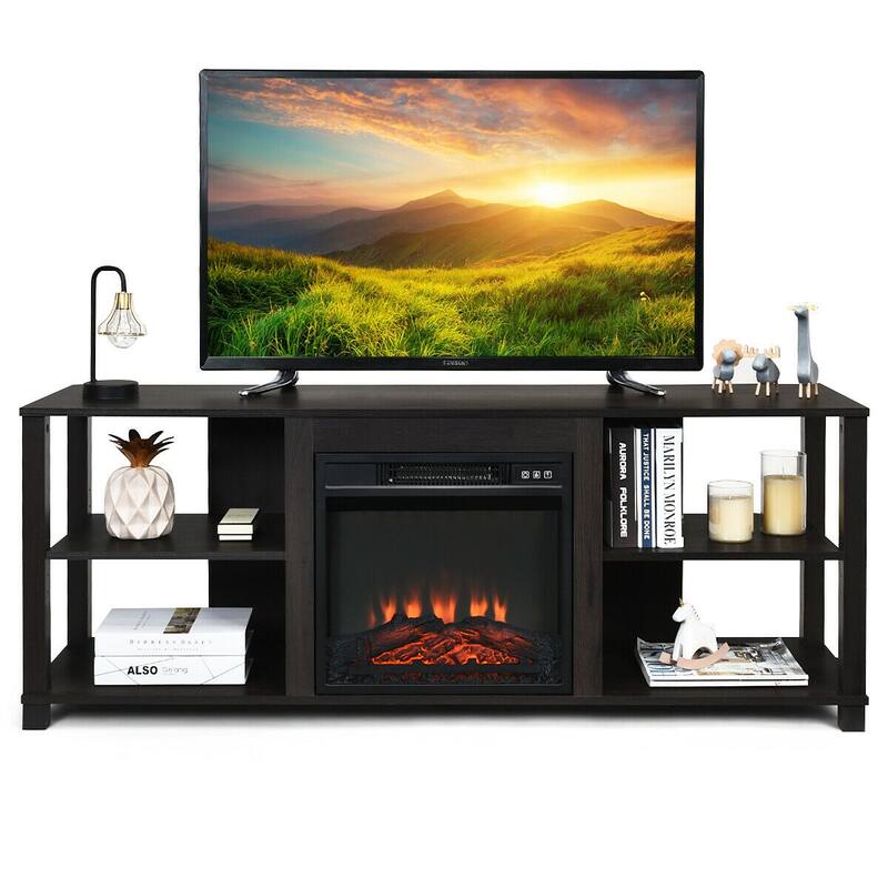 2-Tier Dark Brown MDF Spacious TV Stand with Adjustable Shelves and Large Storage Holds Up to 65" TV