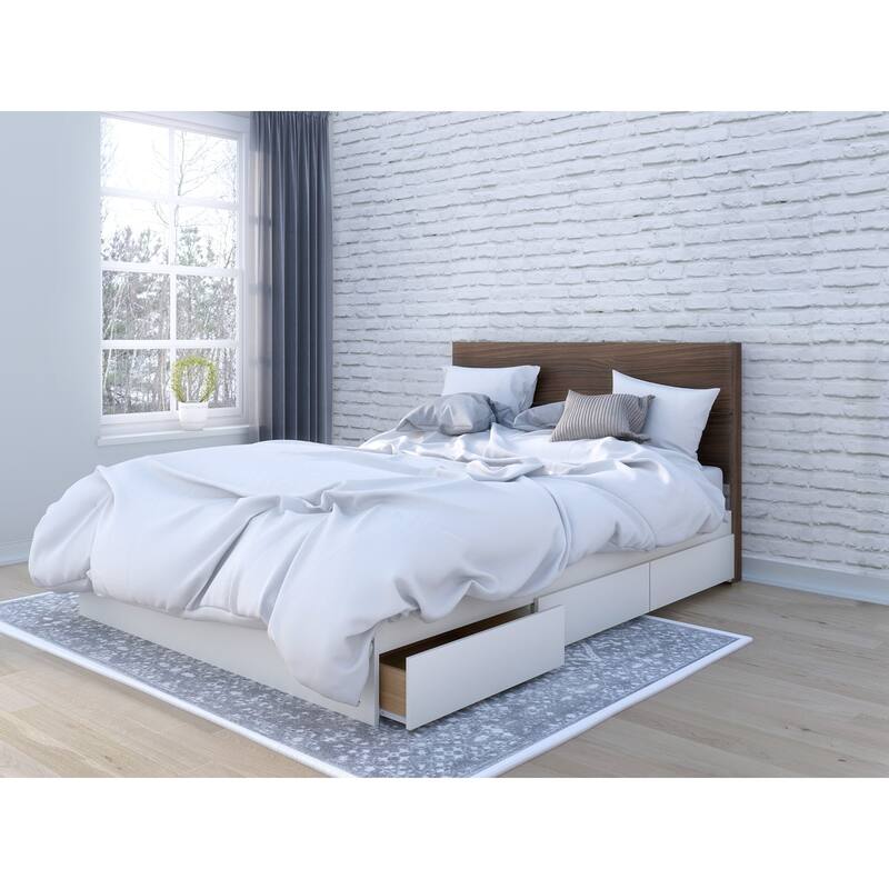 Nexera Storage Bed with Headboard, White and Walnut - Queen