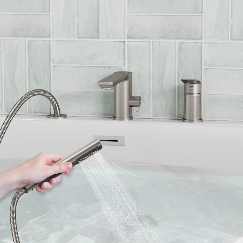 Modern Tub Filler with Hand Sprayer Deck Mount Tub Faucet with Hand Shower 3 Holes Bathtub Faucet Brass