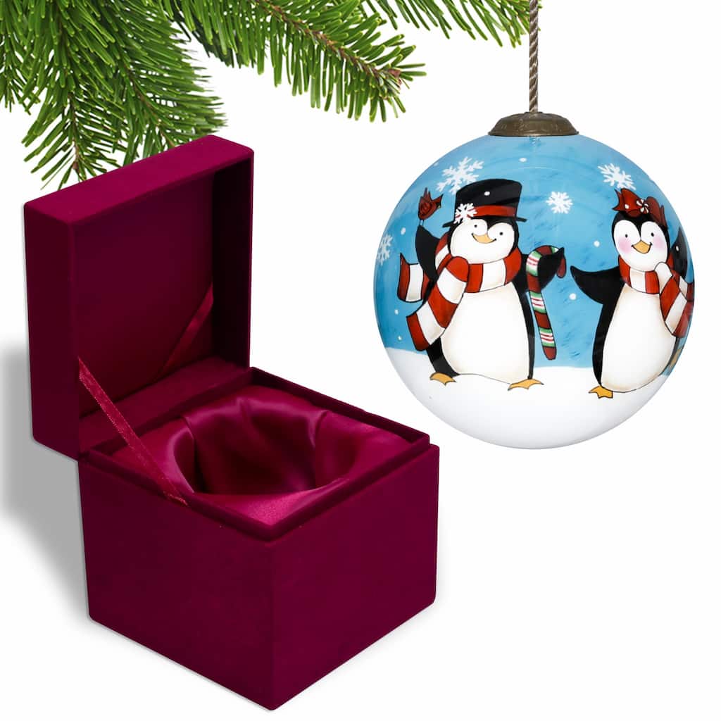 Anywhere with You is Always Better Penguin Hand Painted Mouth Blown Glass Ornament - 3"x 3" x 3"