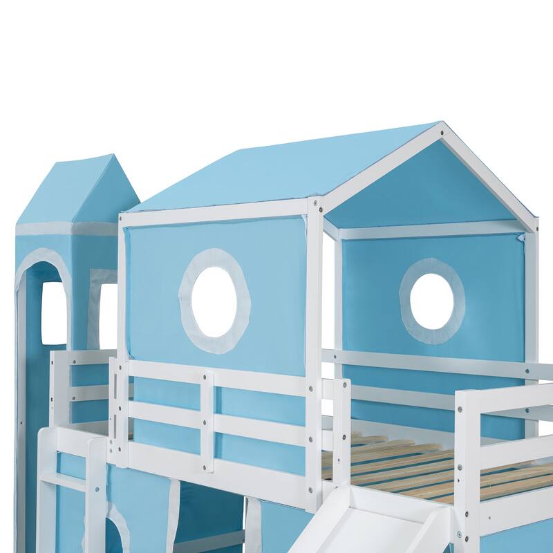 Blue Twin Size Loft House Bed with Slide, Tent, & Tower