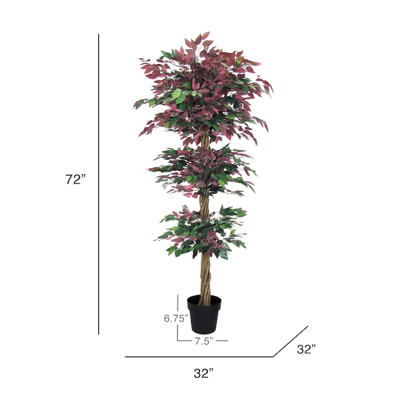 6ft Deluxe Green Red Artificial Ficus Tree Plant in Black Pot - Green Red