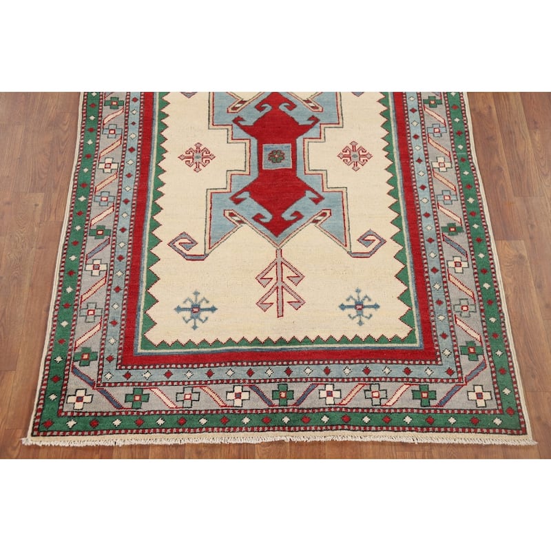 Ivory Kazak Oriental Accent Rug Hand-Knotted Tribal Wool Carpet - 3'11" x 5'7"