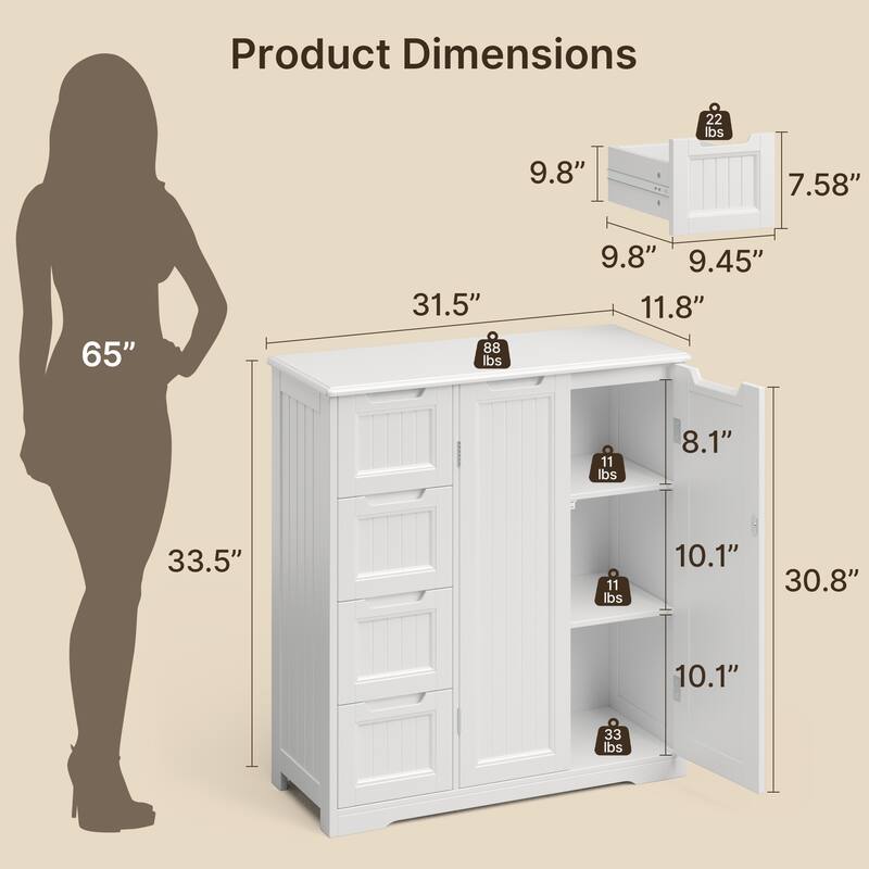 33.5''H Bathroom Floor Cabinet, 31.5''W Kitchen Pantry Storage Cabinet with 4 Drawers & Double Doors