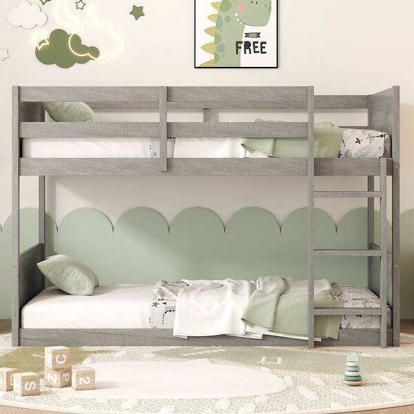 slide 2 of 22, Twin over Twin Floor Bunk Bed with Panelled Headboard,Footboard,Safety Guardrails and Built-In Ladder Antique White
