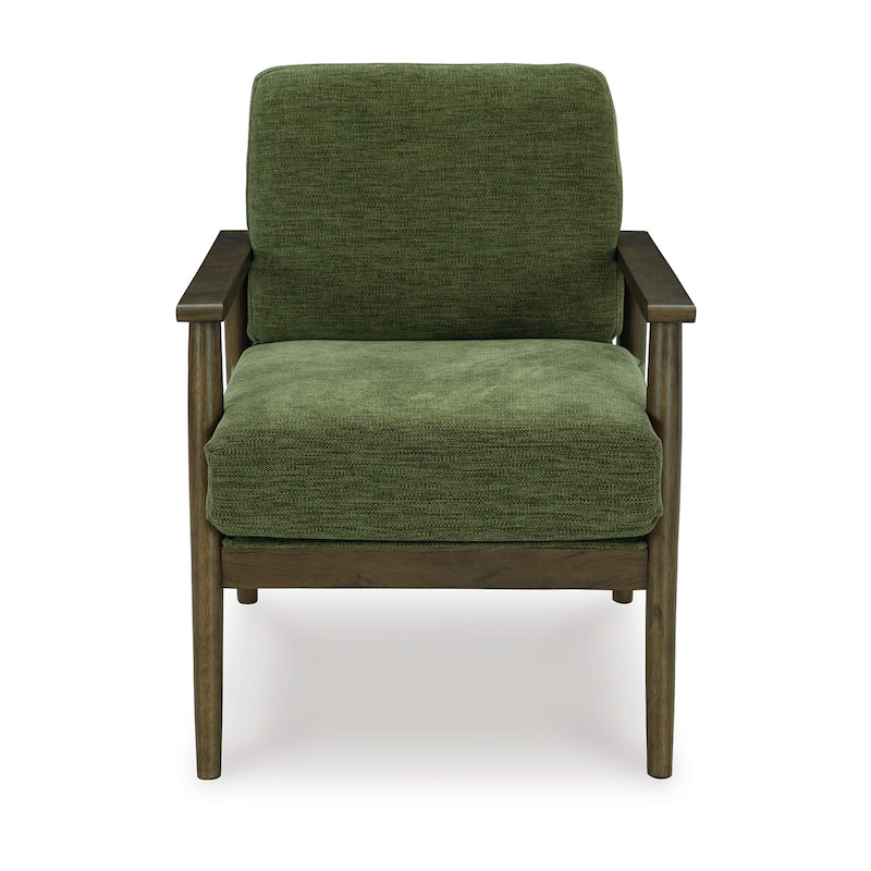 Bixy Accent Chair, 31 Inch, Brown Wood Armrests, Dark Green Polyester
