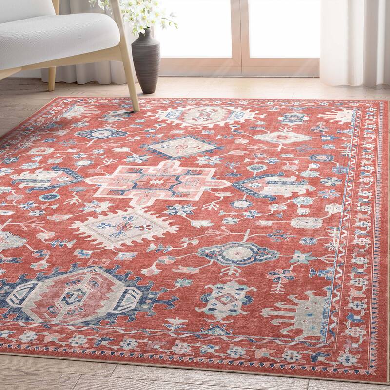 Well Woven Apollo Serapi Delhi Floral Medallion Low Pile Easy Care Rug - 5'3" x 7'3" - Red