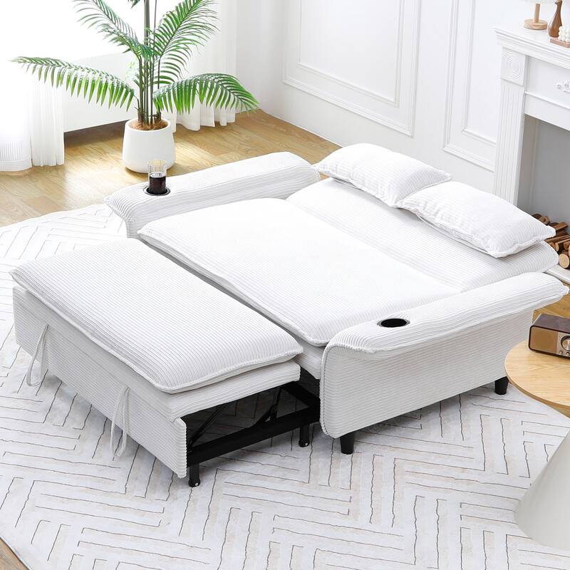 65.74-inch Beige Corduroy Multi-functional Sofa Bed with Adjustable Armrests and Backrests