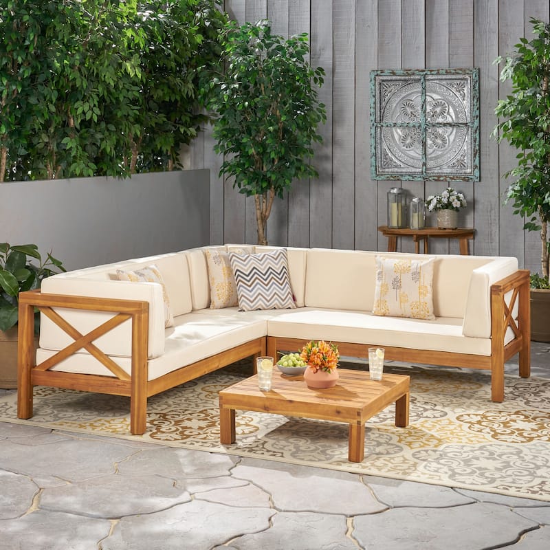 Brava Acacia Outdoor Sectional Chat Set by Christopher Knight Home - 88.50" L x 88.50" W x 26.50" H - Beige