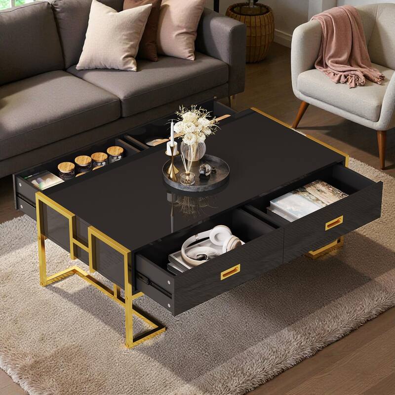 47.3'' Modern Rectangular Coffee Table with 4 Storage Drawers and Gold Metal Base for Living Room