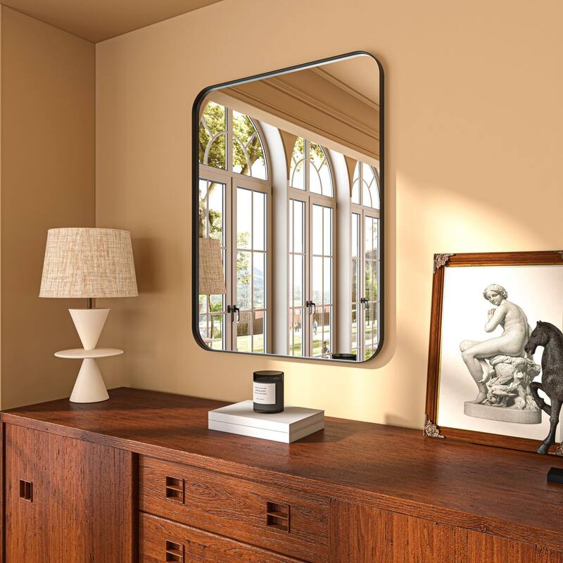 Organnice Rectangular Aluminum Framed Modern Rounded Wall Mount Mirror