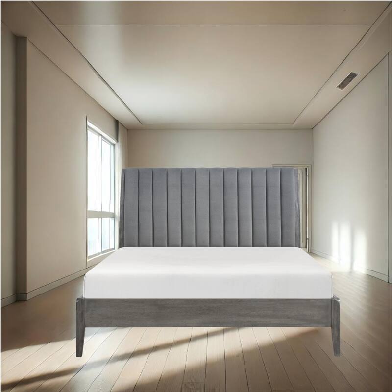 Chic Gray Velvet Platform Bed with Vertical Channel Tufting, No Box Spring Required, Solid Wood Legs - Grey - King