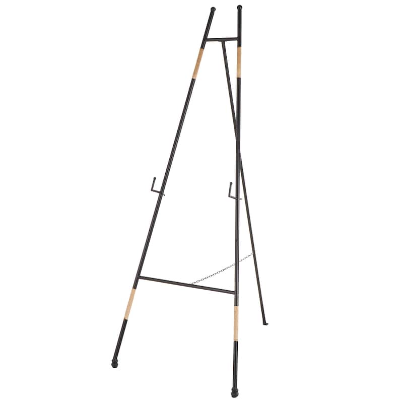 Black Metal Slim Foldable 2 Tier Easel with Wrapped Rattan Accents