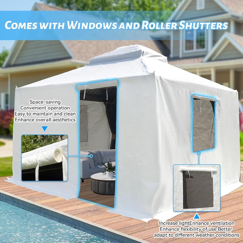 GDFStudio - Nolan 12'x12' All-Season Waterproof Gazebo Cover with Ventilated Mesh Windows and Side Enclosure Panels - 12x12 FT - White