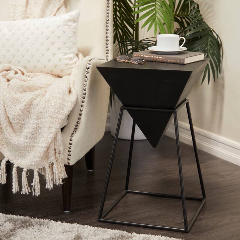 Minimalist Wood Inverted Pyramid Geometric Accent Table with Metal Stand - White or Black - Black - 14"W, 24"H