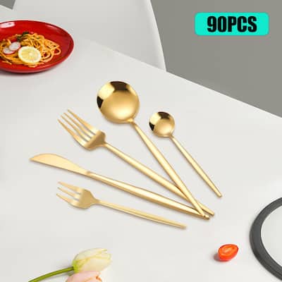 90-Piece Stainless Steel Silverware Gold Flatware Set
