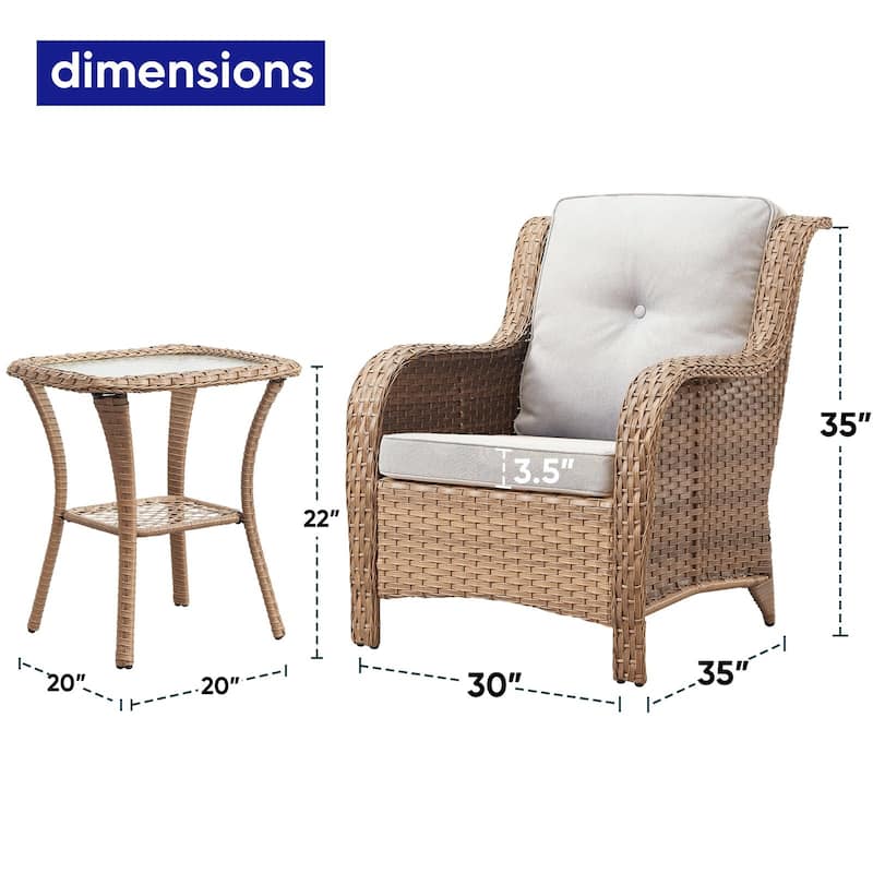 Gymojoy 3-Piece Outdoor Wicker Patio Furniture Chair Set, Rattan Coversation Set with Water Resistant Thick Cushions