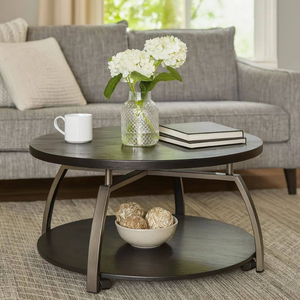 Dyn 35 Inch Round Coffee Table, 1 Shelf, Grayish Black Top, Gray Metal Leg