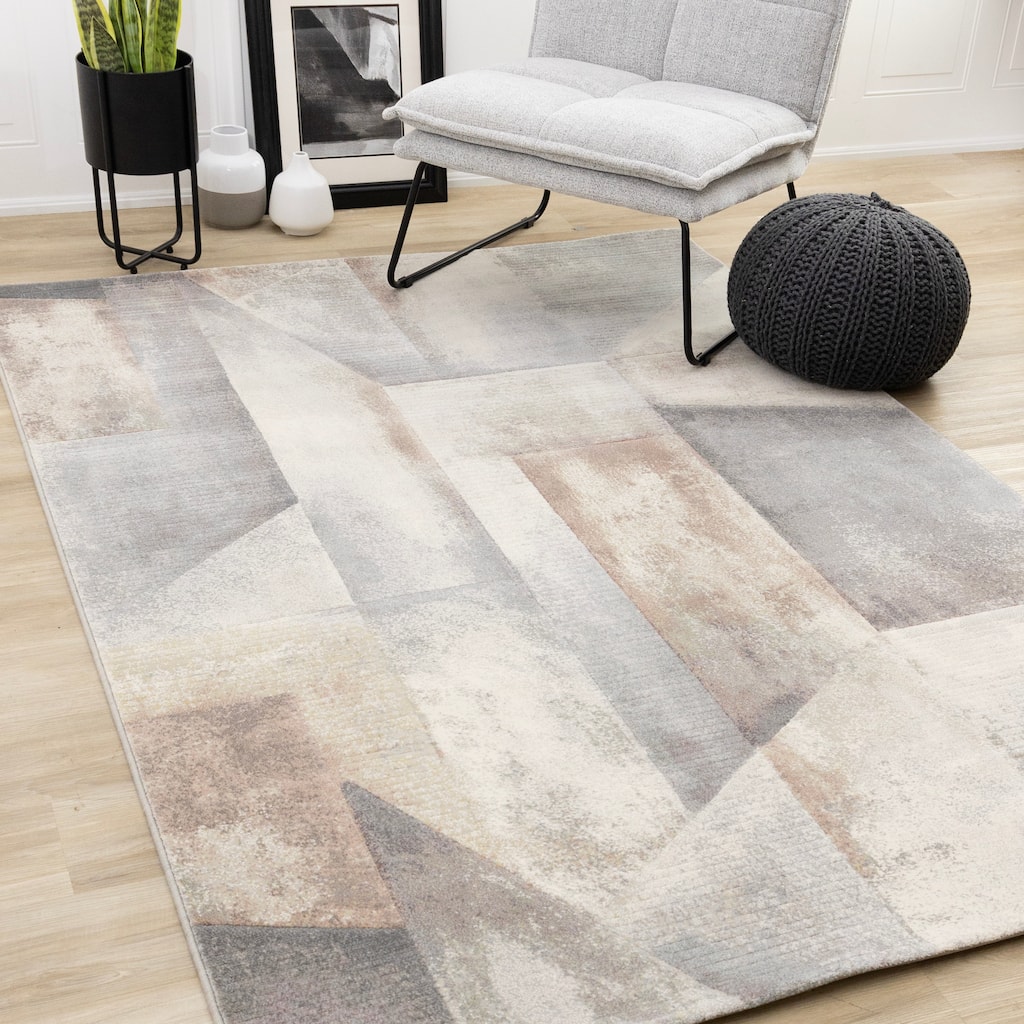 Amelia Collection - Dense Geometric Blue Grey Brown Area Rug