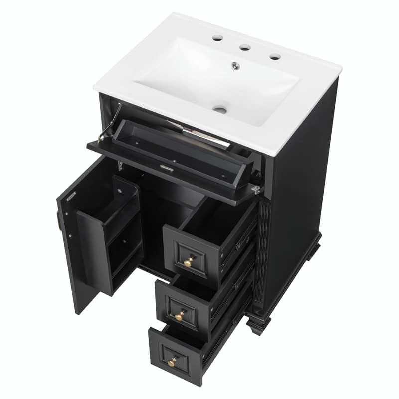 24" Bathroom Vanity with Sink, Freestanding Vanity Cabinet with Flip-Out Drawer, 3 Drawers, Ceramic Top