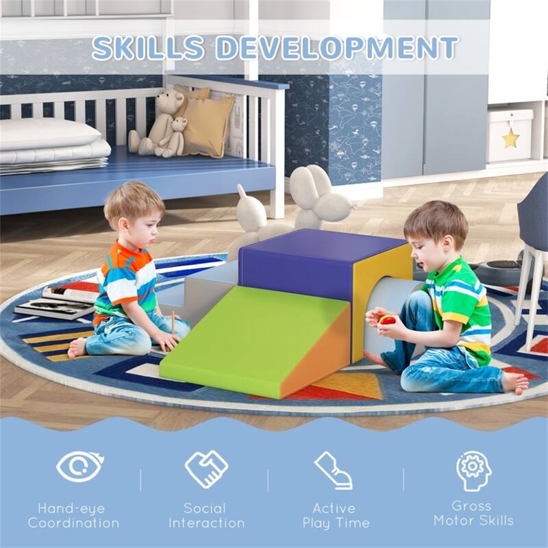 2-Piece Kids Soft Play Set for Toddlers Ages 1-3 Climbing Crawling Sliding Modular PU Foam - 59"L x 19.75"W x 15.25"H
