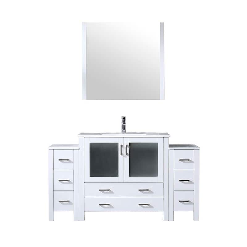 Volez Bath Vanity with Side Cabinets, Ceramic Top, Sink Mirror & Faucet - 60 inch - White