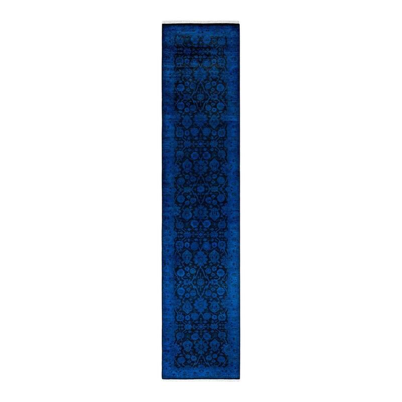 Overton Hand Knotted Wool Vintage Inspired Modern Contemporary Overdyed Blue Area Rug - 2' 7" x 12' 2"