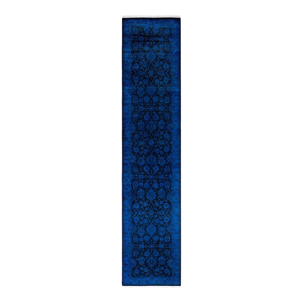 Overton Hand Knotted Wool Vintage Inspired Modern Contemporary Overdyed Blue Area Rug - 2' 7" x 12' 2"